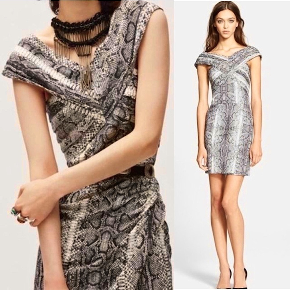 THE KOOPLES Snakeskin Print Crossover Pleated V-Neck Sleeveless Bodycon‎ Dress 8